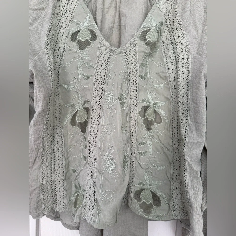 Free People Sivan Embroidered Blouse Top Moss Xs